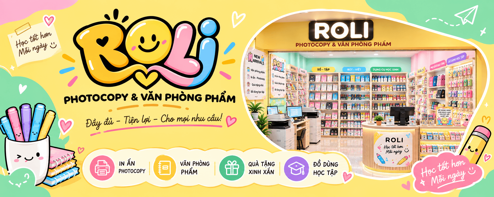 Cửa hàng ROLI với kệ sổ tập, bút viết và dụng cụ học sinh